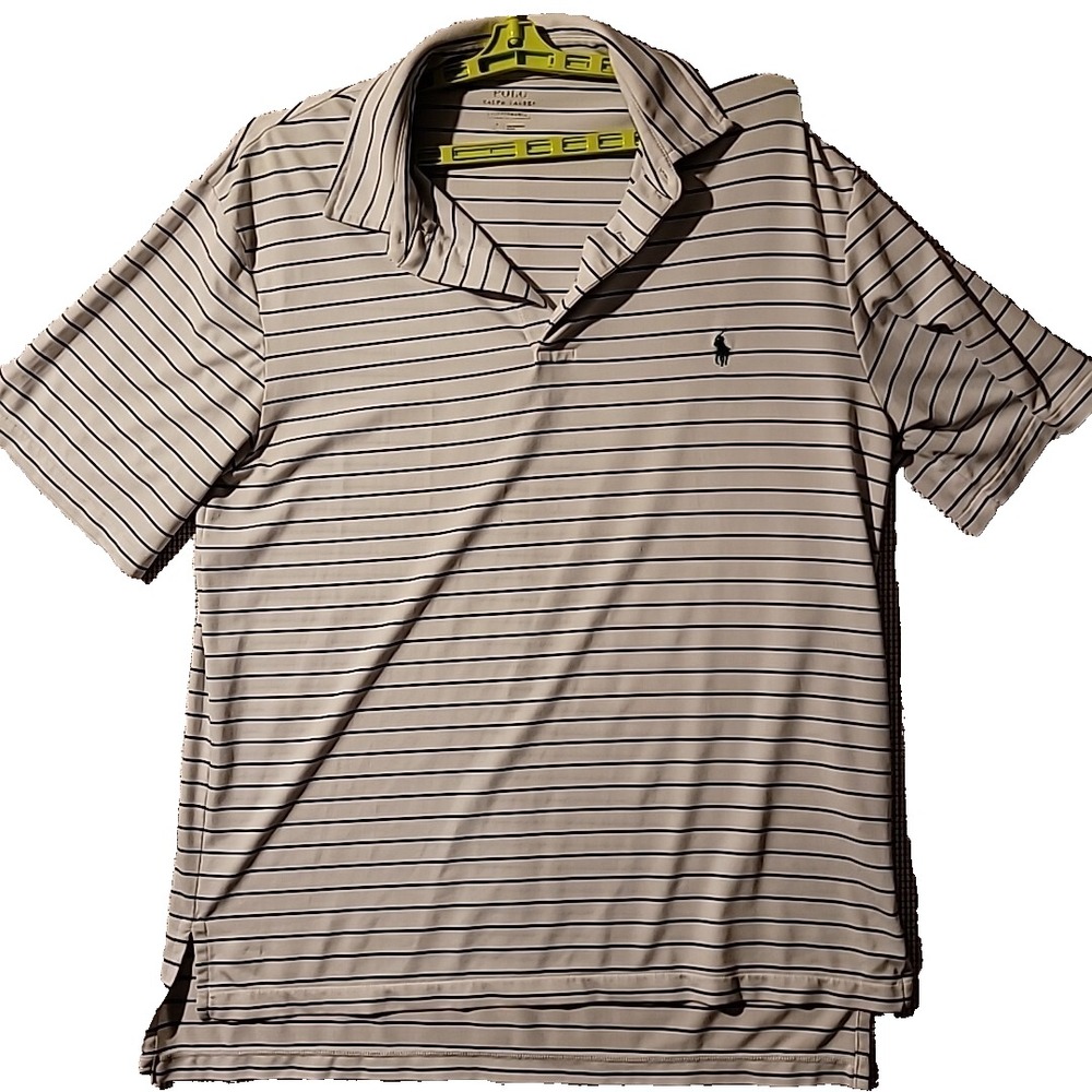 Polo Ralph Lauren Shirt Men XL White Blue Short Sleeve Polo Striped Performance
